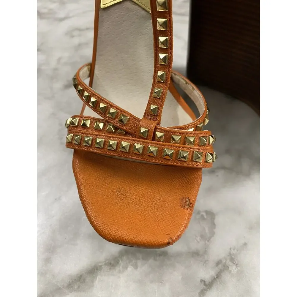 Women's Michael Kors Orange Leather Studded Strap Wedges Platform Shoes SZ 7.5M
